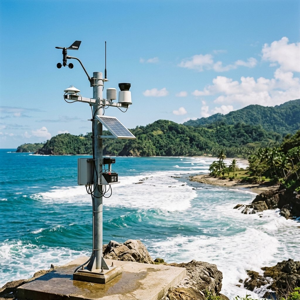 Weather sensor station near coastal terrain with ocean and hills