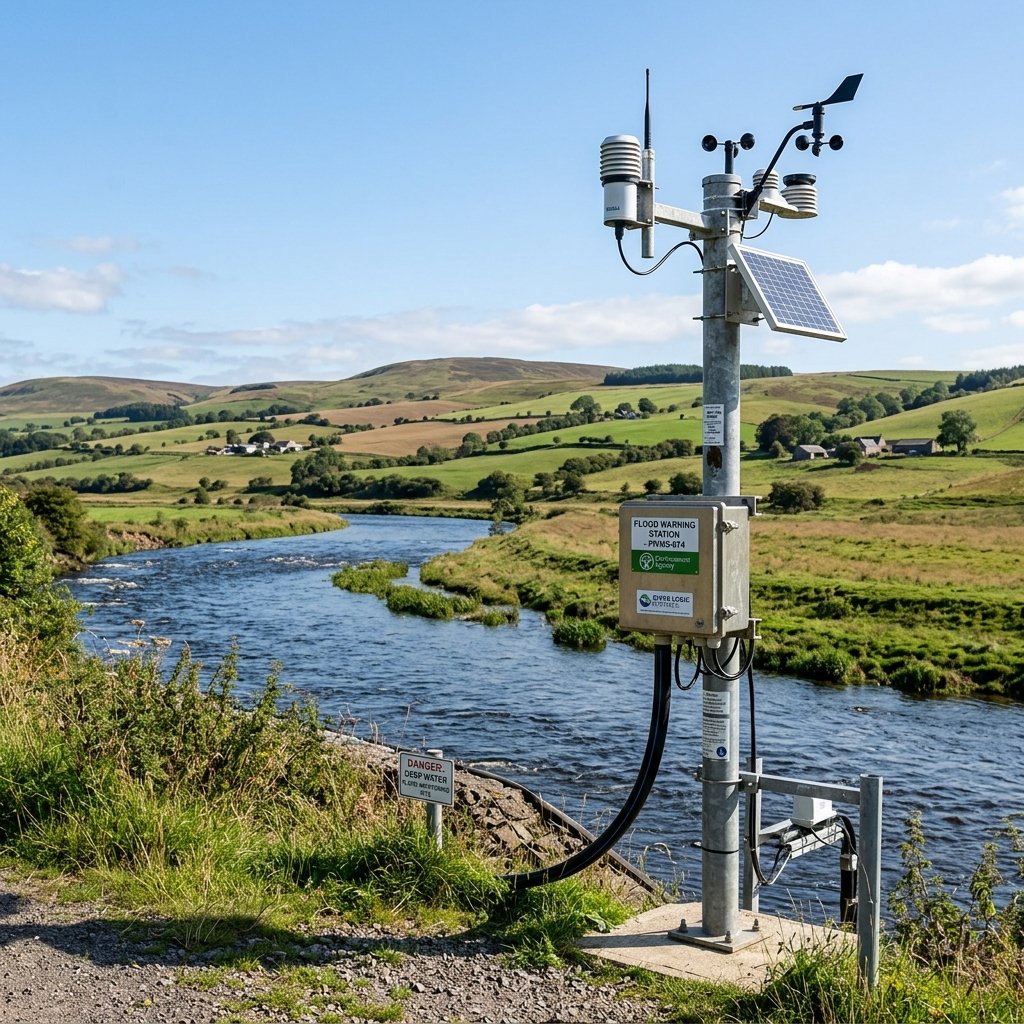 Flood warning monitoring station near a river with hills in the background, realistic and professional